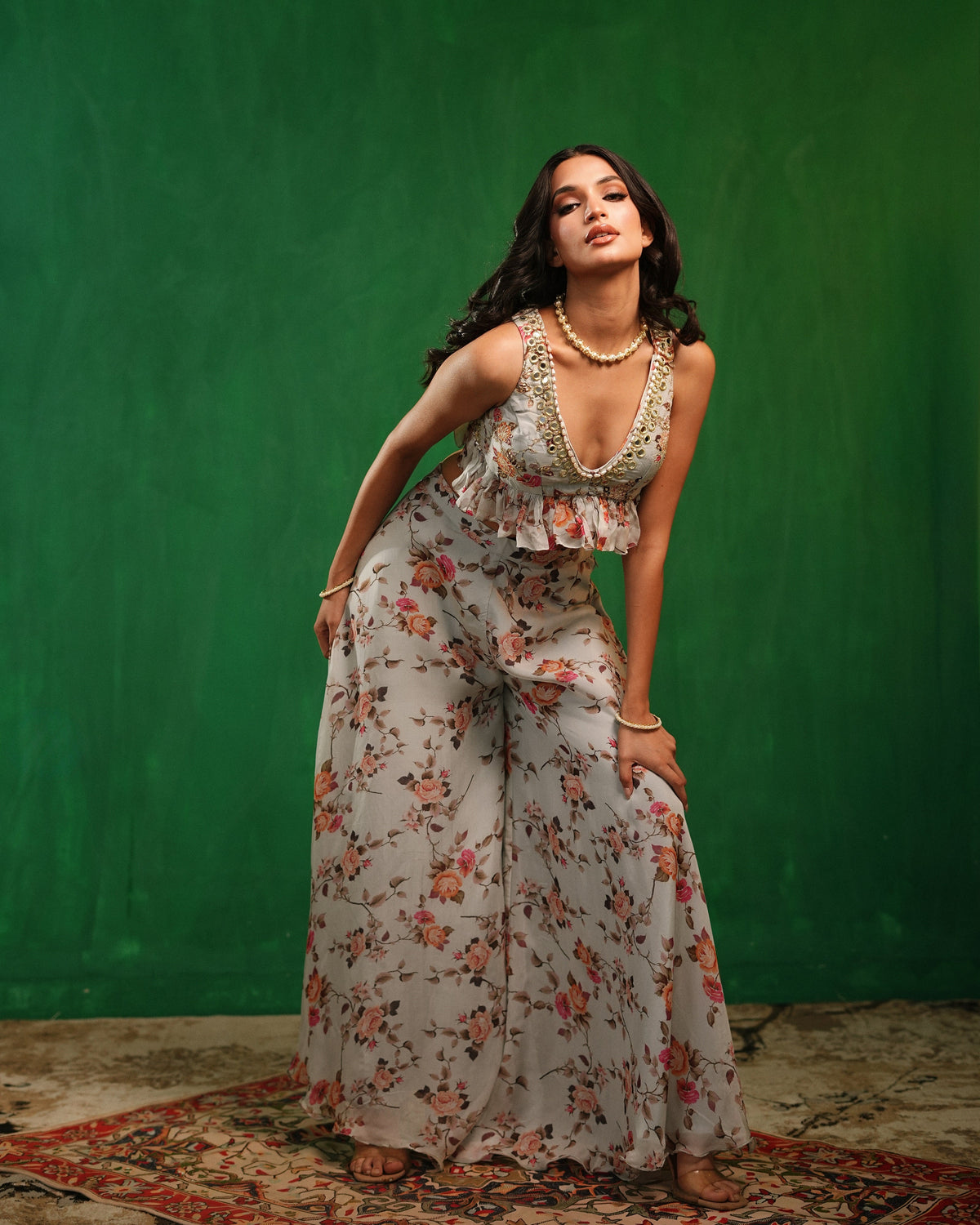 Sky Blue Floral Printed Backless Indo Set  (Set of 2)