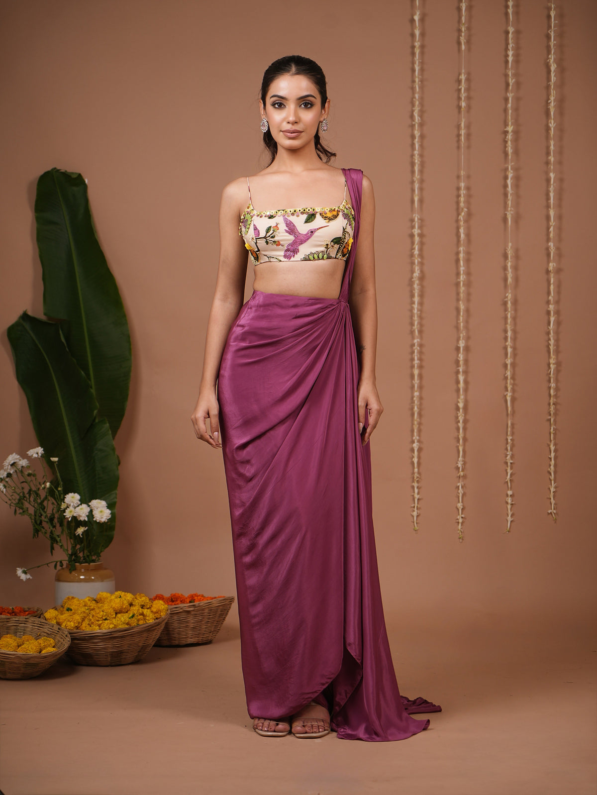 Cream Lemon Print Indo Pre Drape Saree Set (Set of 2)
