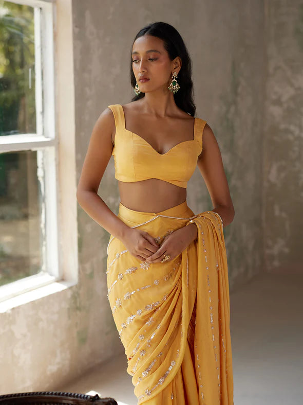 SUNFLOWER YELLOW DRAPED SAREE SET