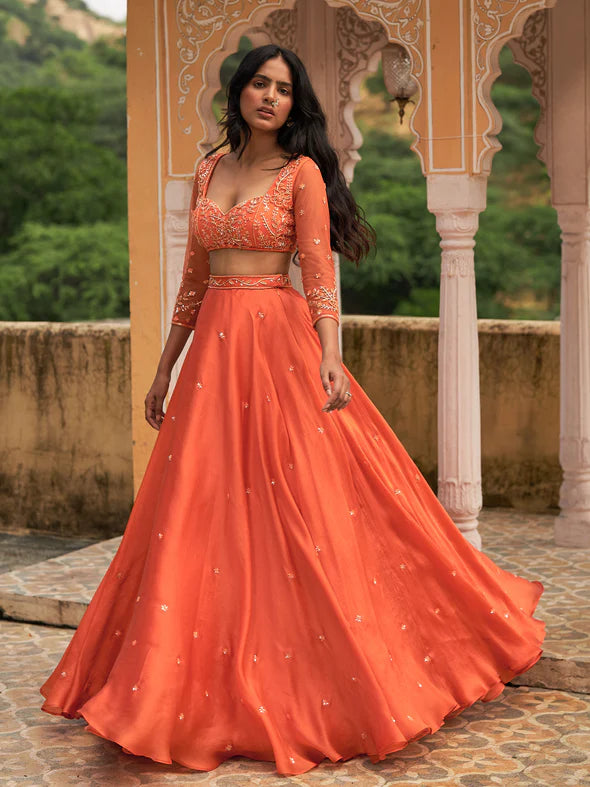 Sundaze Orange Silk Organza Lehenga Set