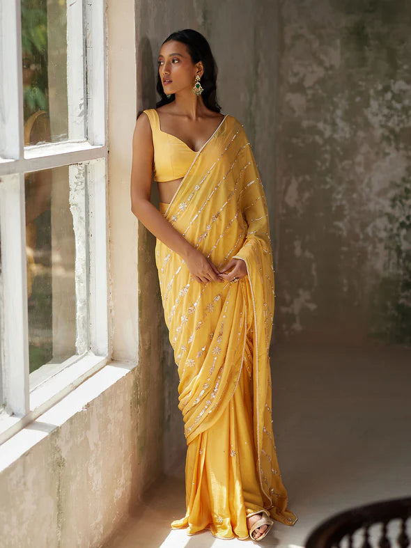 SUNFLOWER YELLOW DRAPED SAREE SET