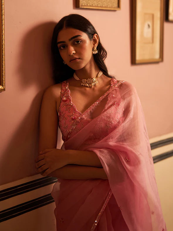 Gulab Pink Organza Saree Set