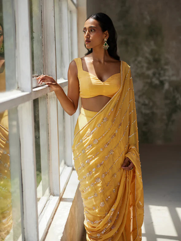 SUNFLOWER YELLOW DRAPED SAREE SET
