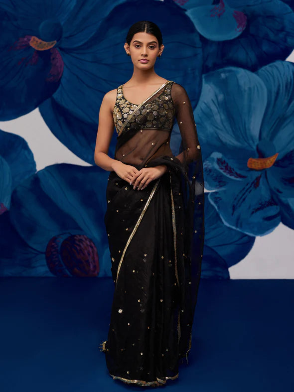 Nightflower Black Silk Organza Saree Set