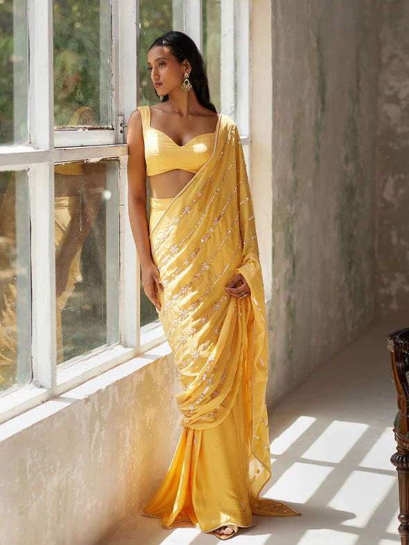 SUNFLOWER YELLOW DRAPED SAREE SET