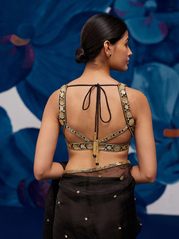 Nightflower Black Silk Organza Saree Set