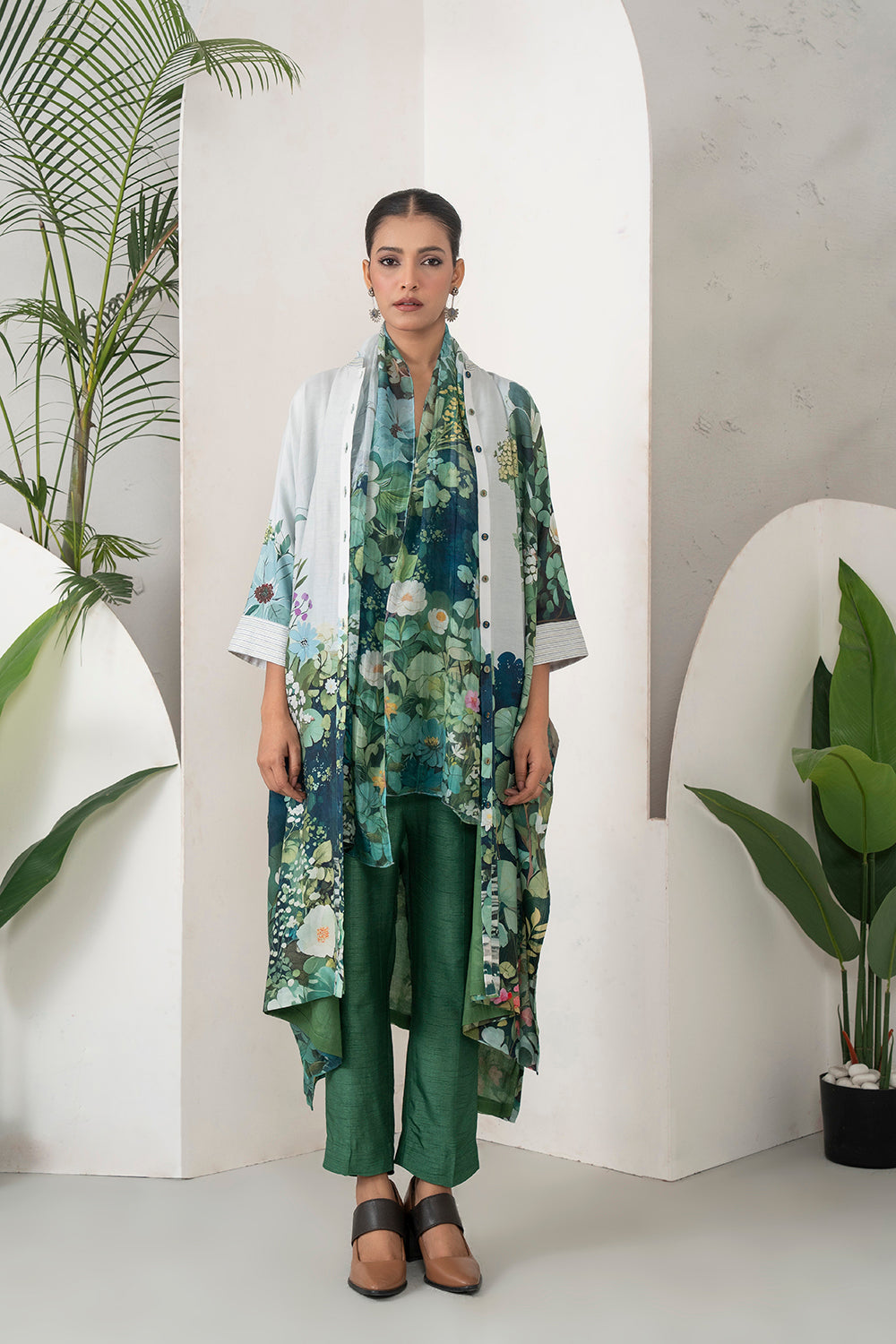 Ivory Silk Chanderi Vivid Garden Illustration Printed Kaftan Set (3 PCS)