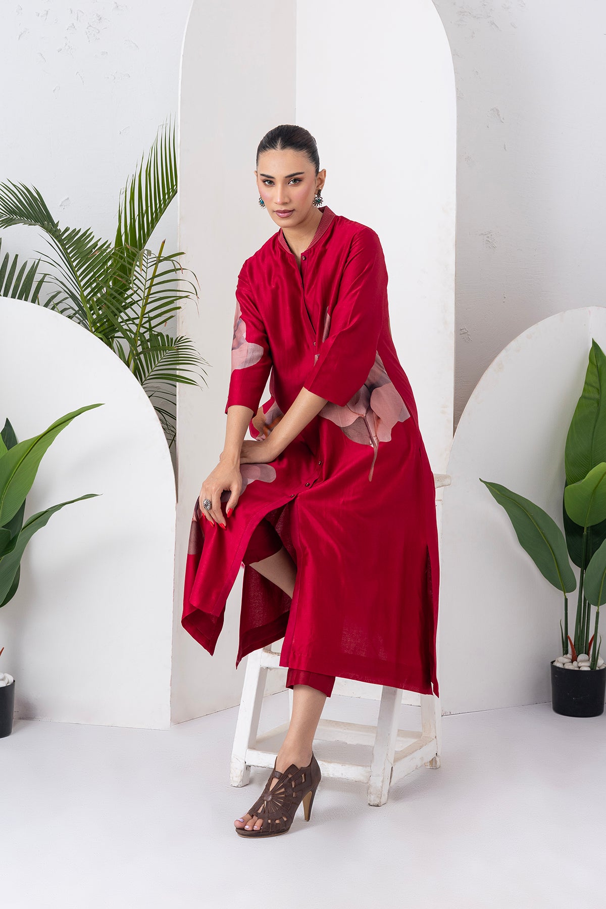 Maroon Silk Chanderi Leaf Printed Dress (1 PC)
