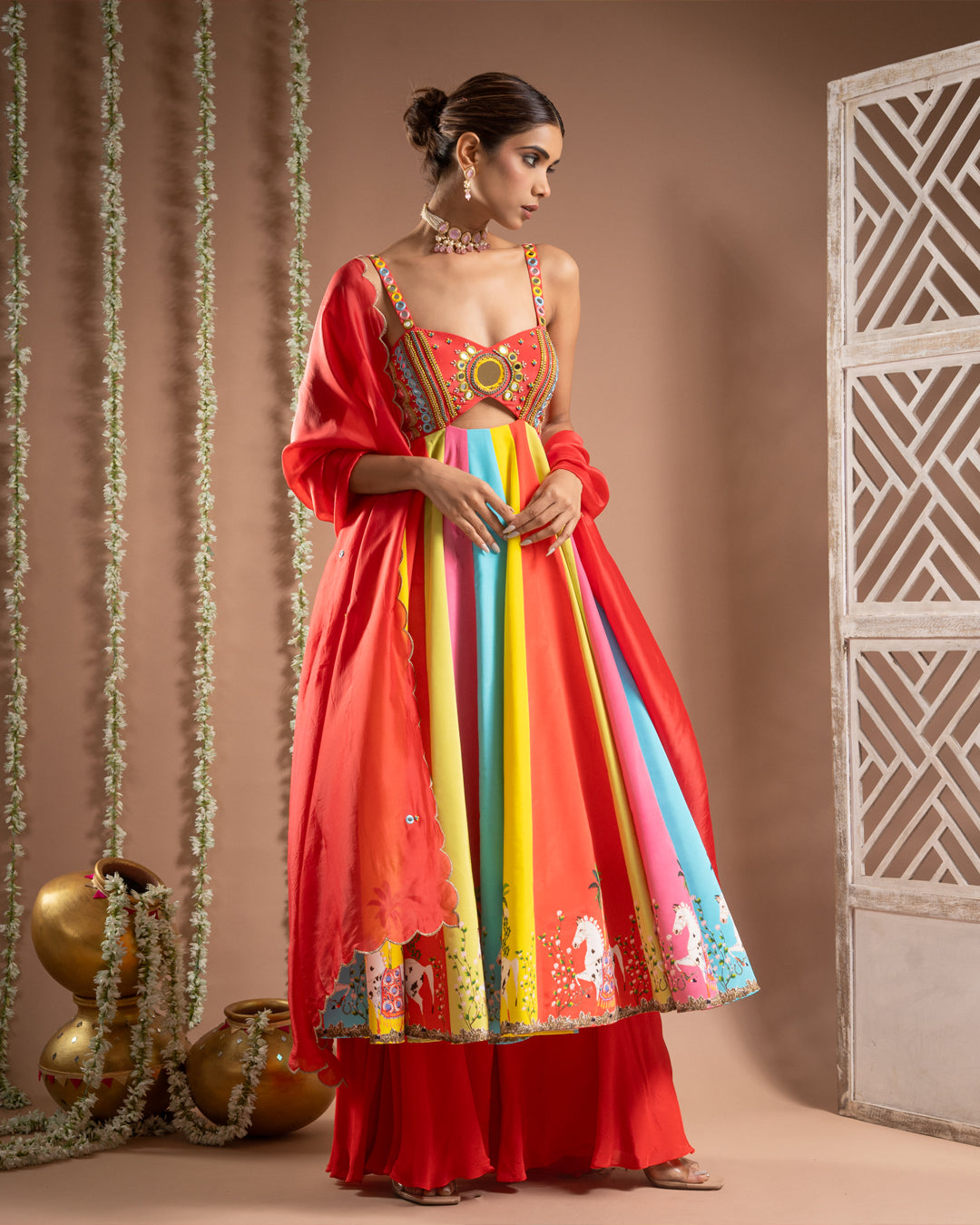 Red Horse Print Anarkali Suit Set (Set of 3)