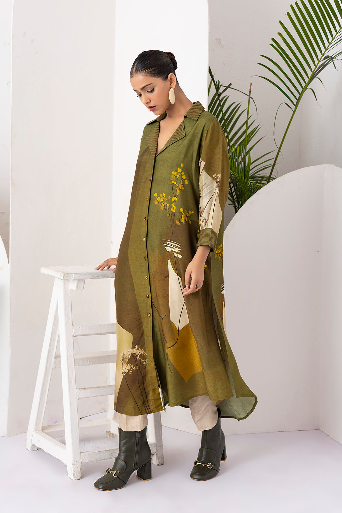 Moss Green Shaded Viscose Dupion Printed Dress  (1 PC)