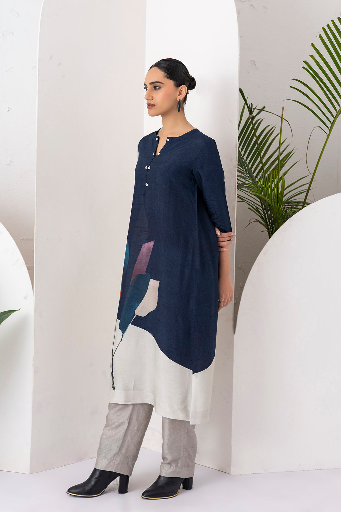 Blue & Ivory Viscose Dupion Printed Tunic  (1 PC)