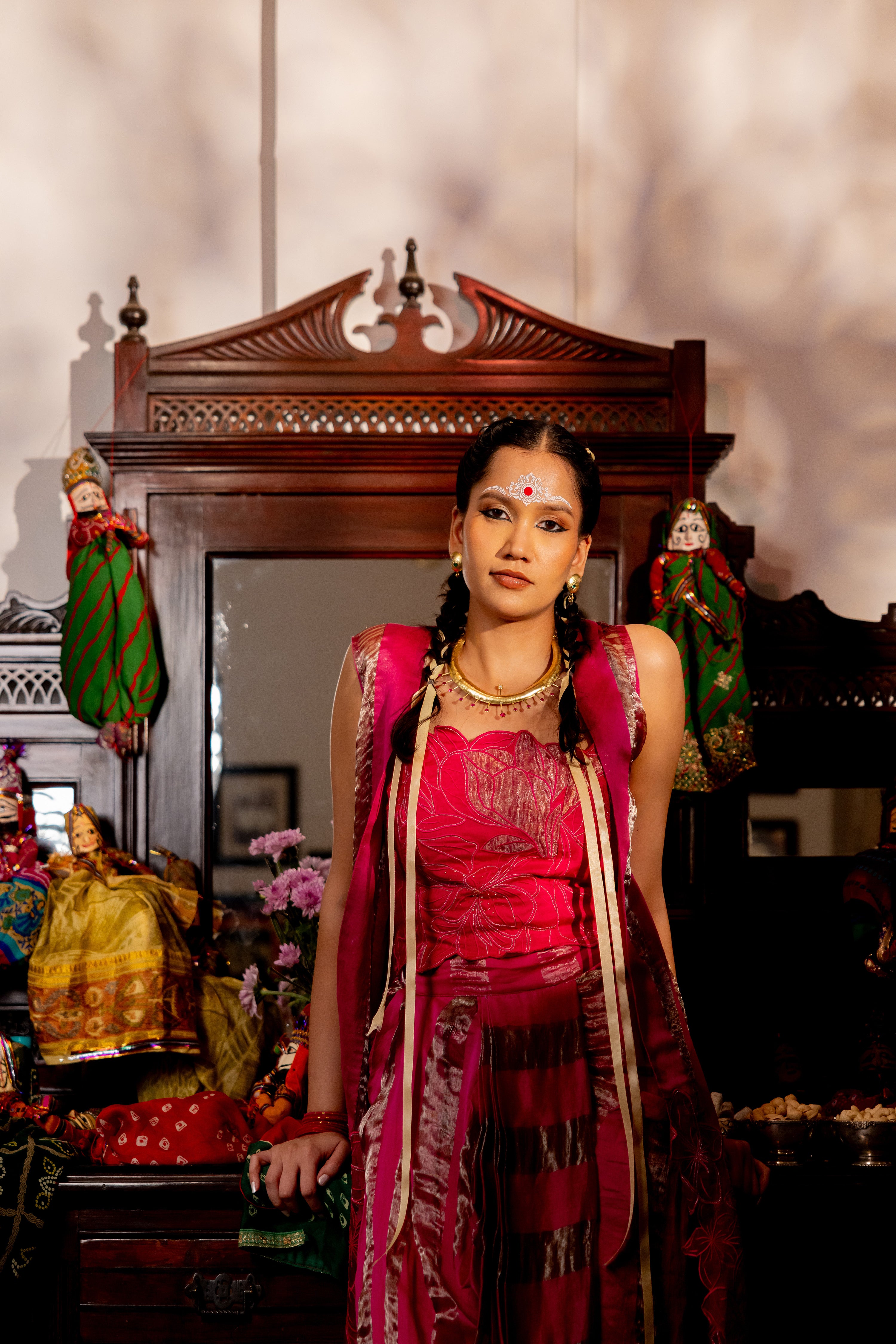 HOT PINK TUBE TOP , PLEATED SKIRT, OVERLAY (Velora)