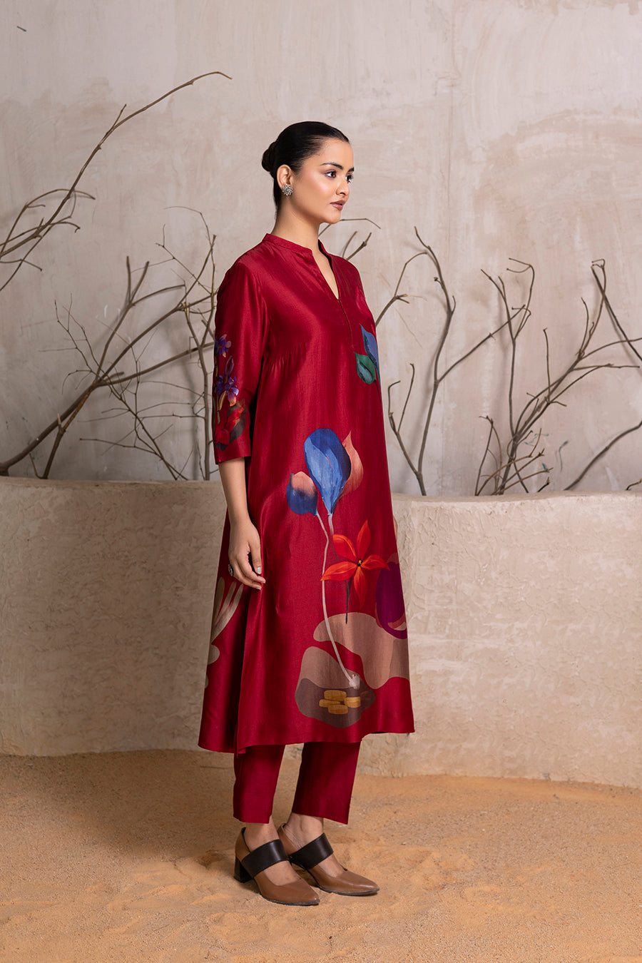 Red Silk Chanderi Printed Tunic (1 PC)