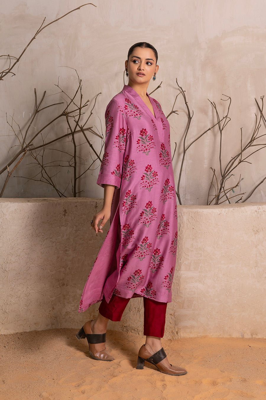 Salmon Pink Silk Chanderi Floral Boota Printed Tunic (1 PC)