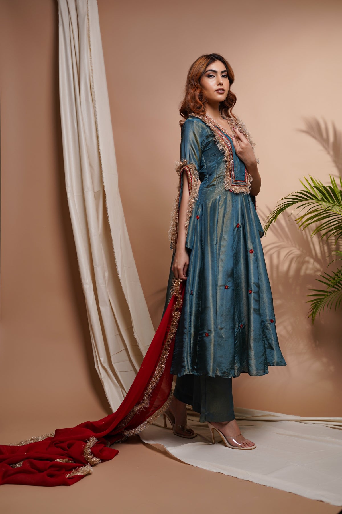 BLUE RED TISSUE SILK ANARKALI SUIT SET  (SET OF 3)