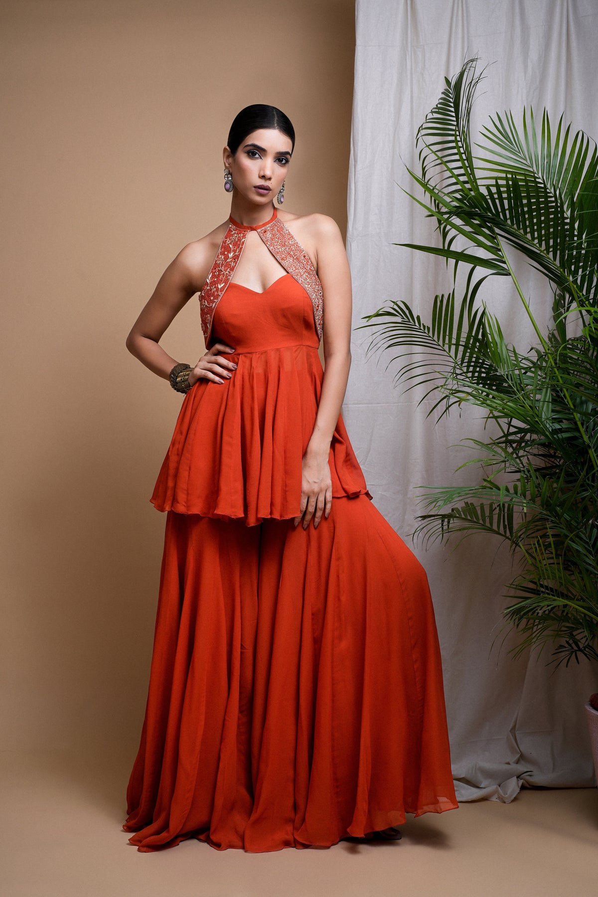 RUST ORANGE INDO ANARKALI SUIT SET  (SET OF 3)