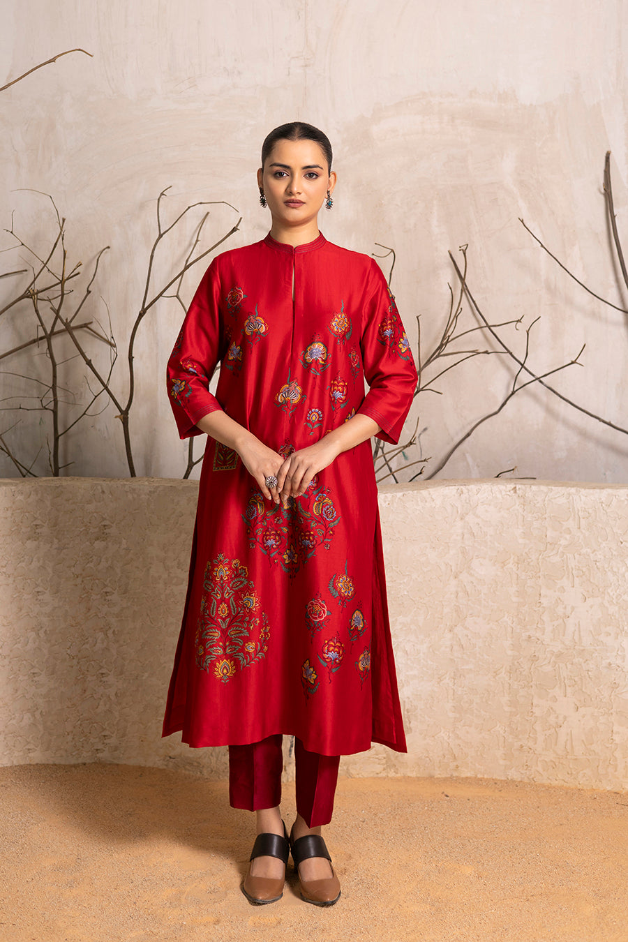 Bright Red Silk Chanderi Printed Tunic (1 PC)