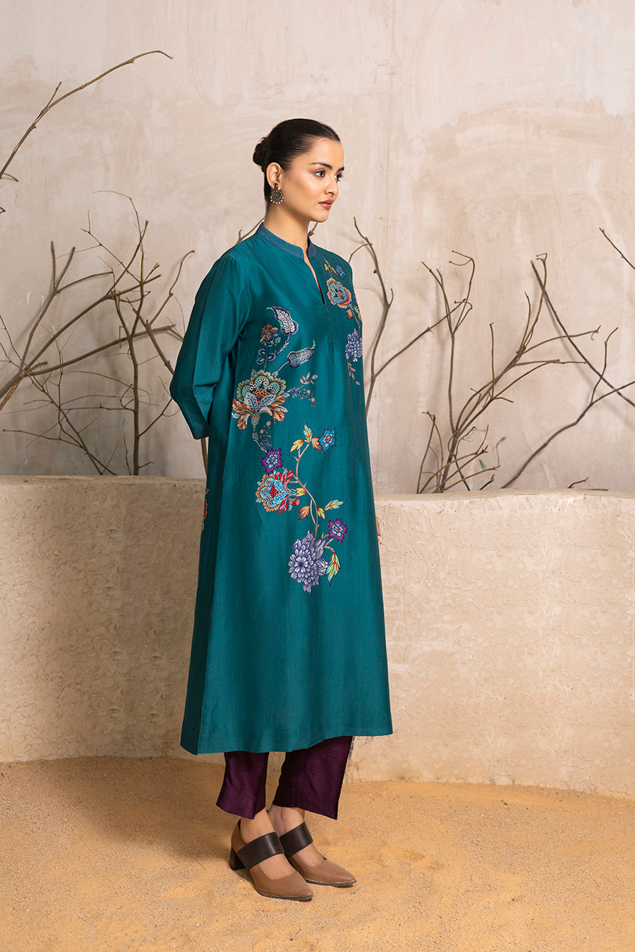Emerald Silk Chanderi Floral Printed Tunic (1 PC)