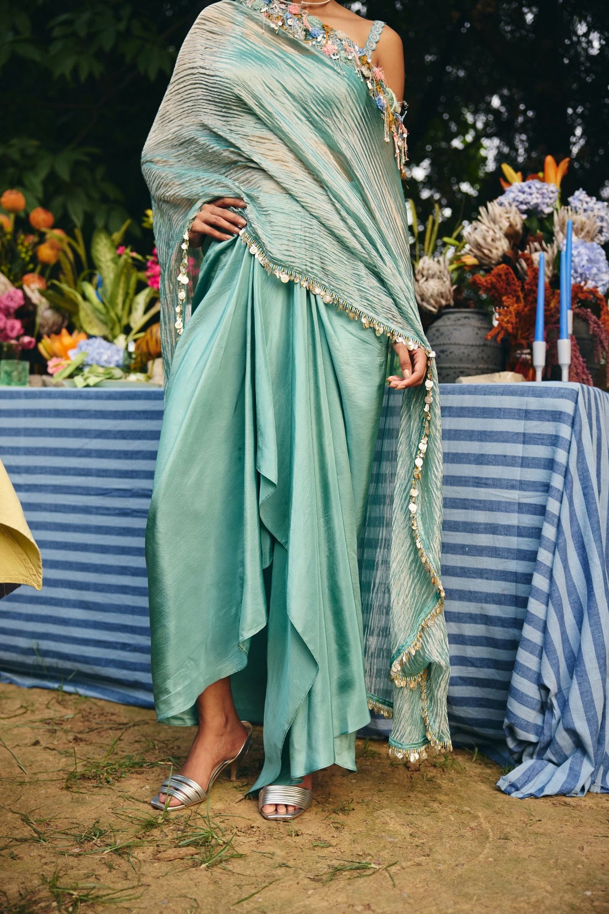 OFF SHOULDER CAPE PAIRED  DRAPED  SKIRT AND BLOUSE