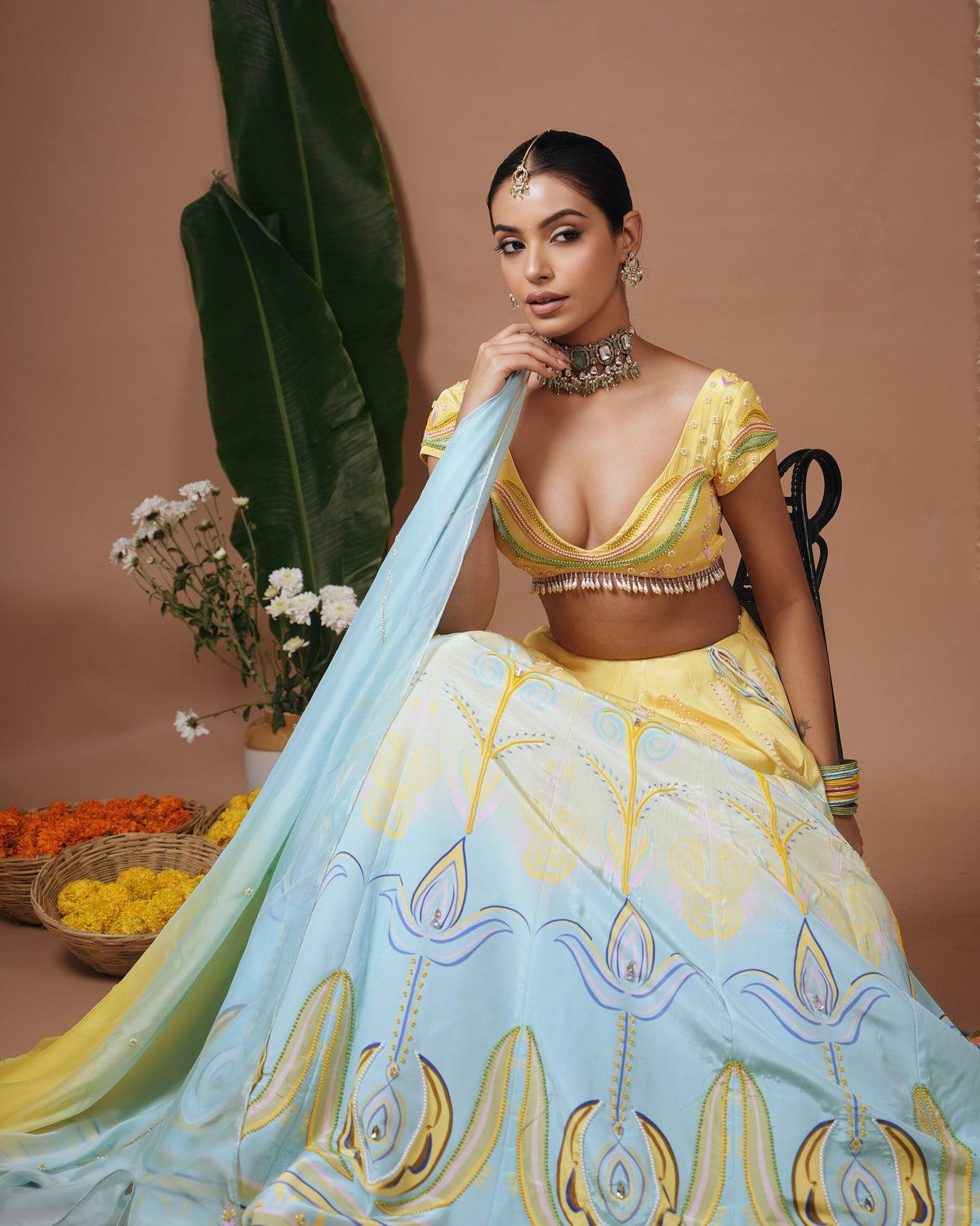Yellow-Firozi Heavy Printed Lehenga Set (Set of 3)