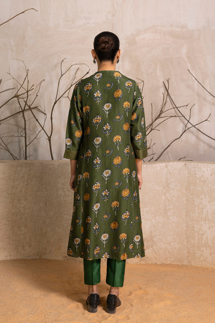 Leaf Green Silk Chanderi Printed Tunic (1 PC)