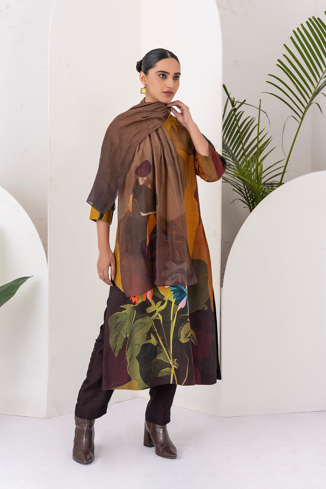 Mustard & Brown Viscose Dupion Printed Tunic  (1 PC)