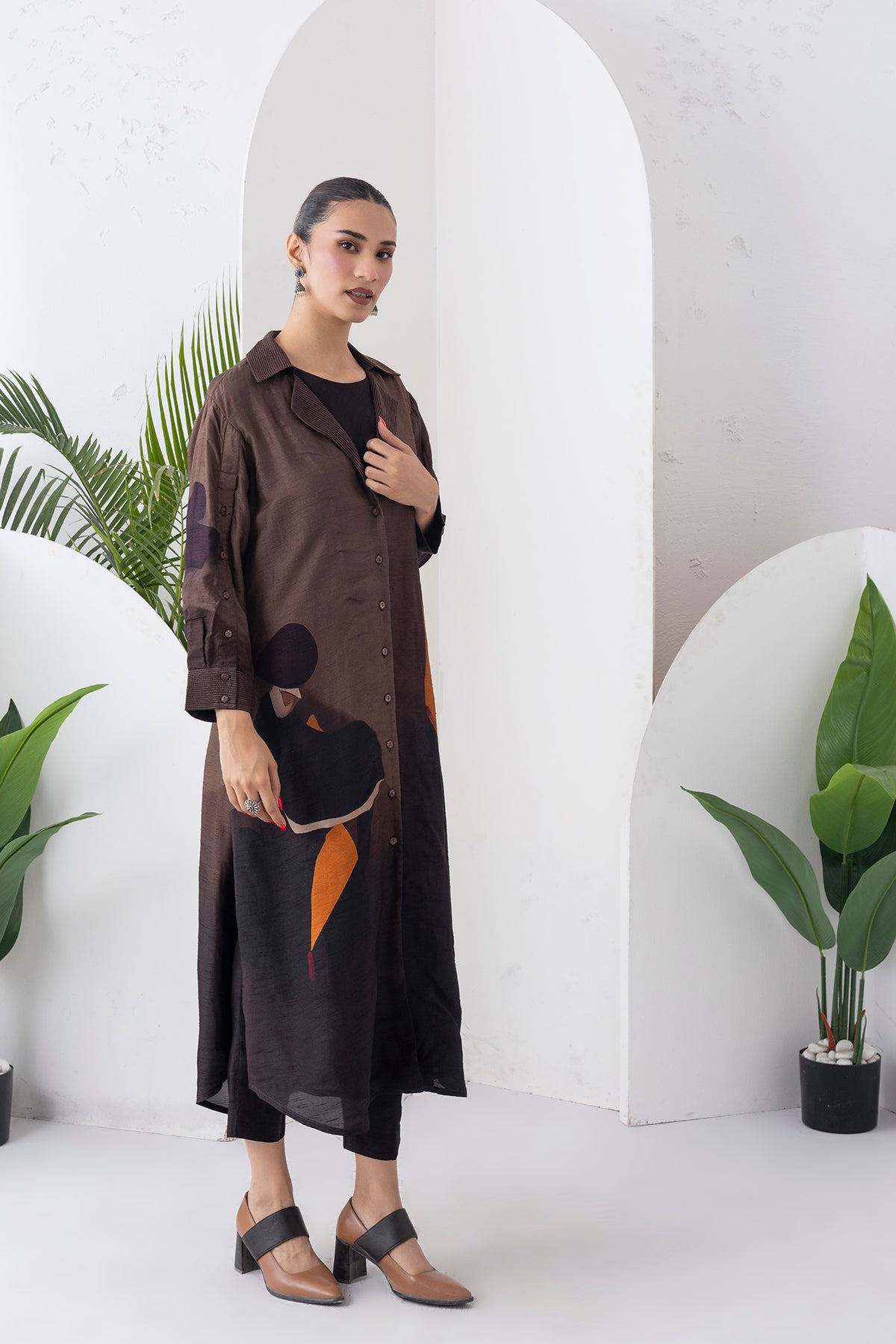Shades Of Brown Viscose Dupion Printed Front Open Dress (1 PC)