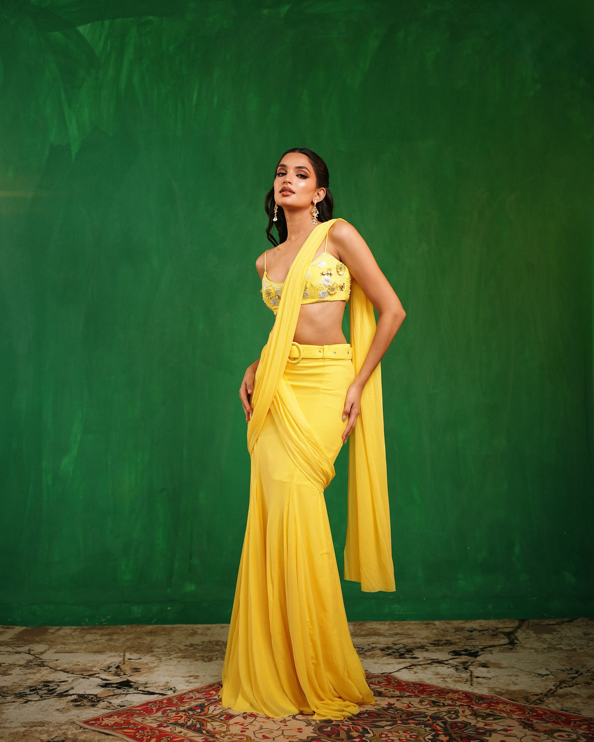Sunshine Yellow Pre Drape Saree  Set  (Set of 2)