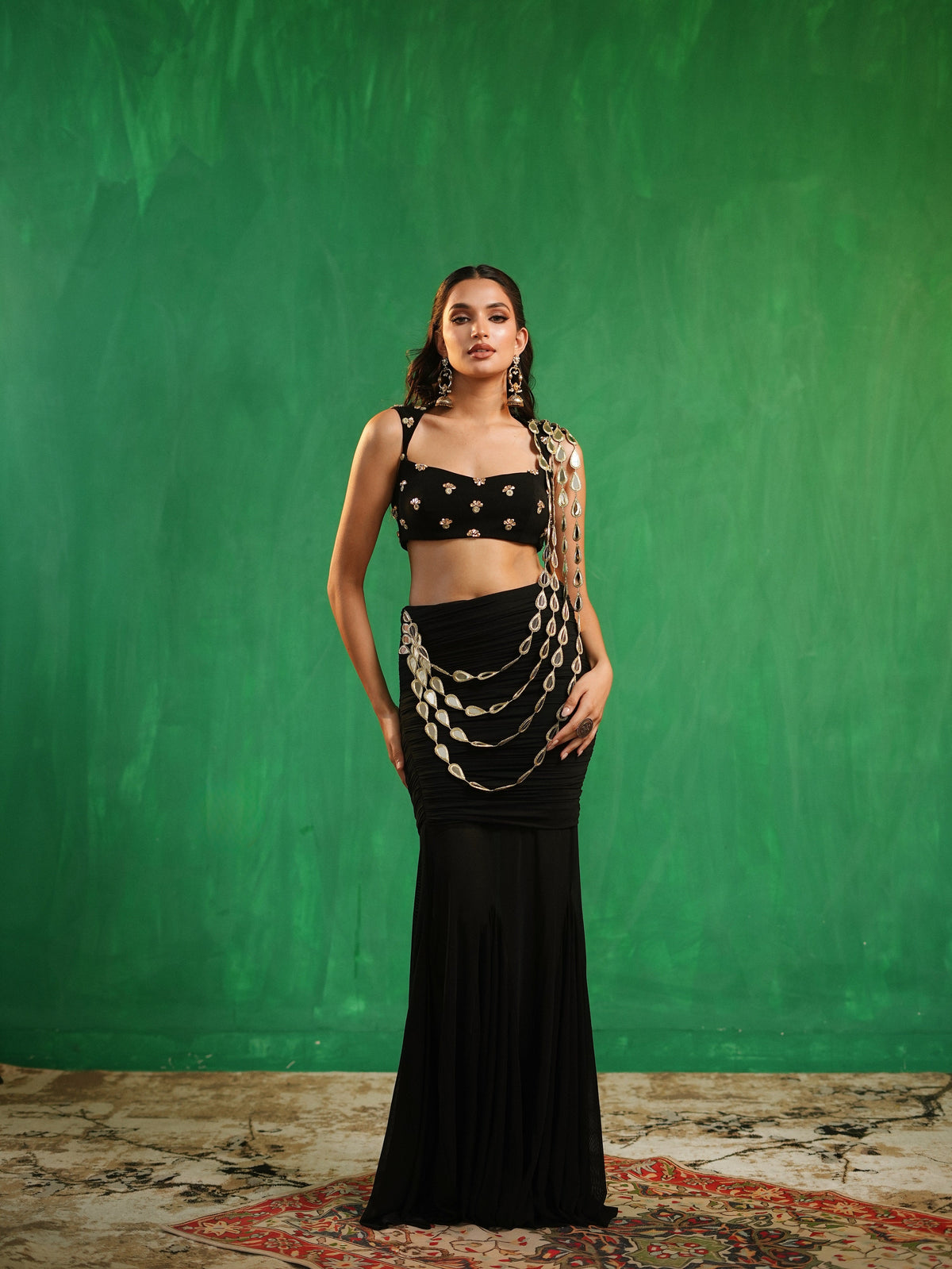 Black Heavy Mirror Draped Indo Saree Set (Set of 2)