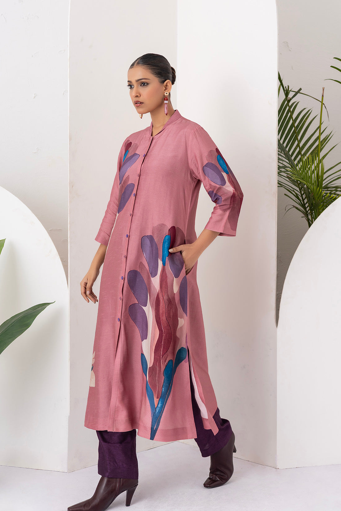 Salmon Pink Viscose Dupion Printed Dress  (1 PC)