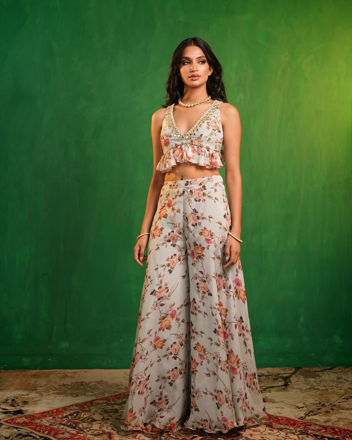 Sky Blue Floral Printed Backless Indo Set  (Set of 2)