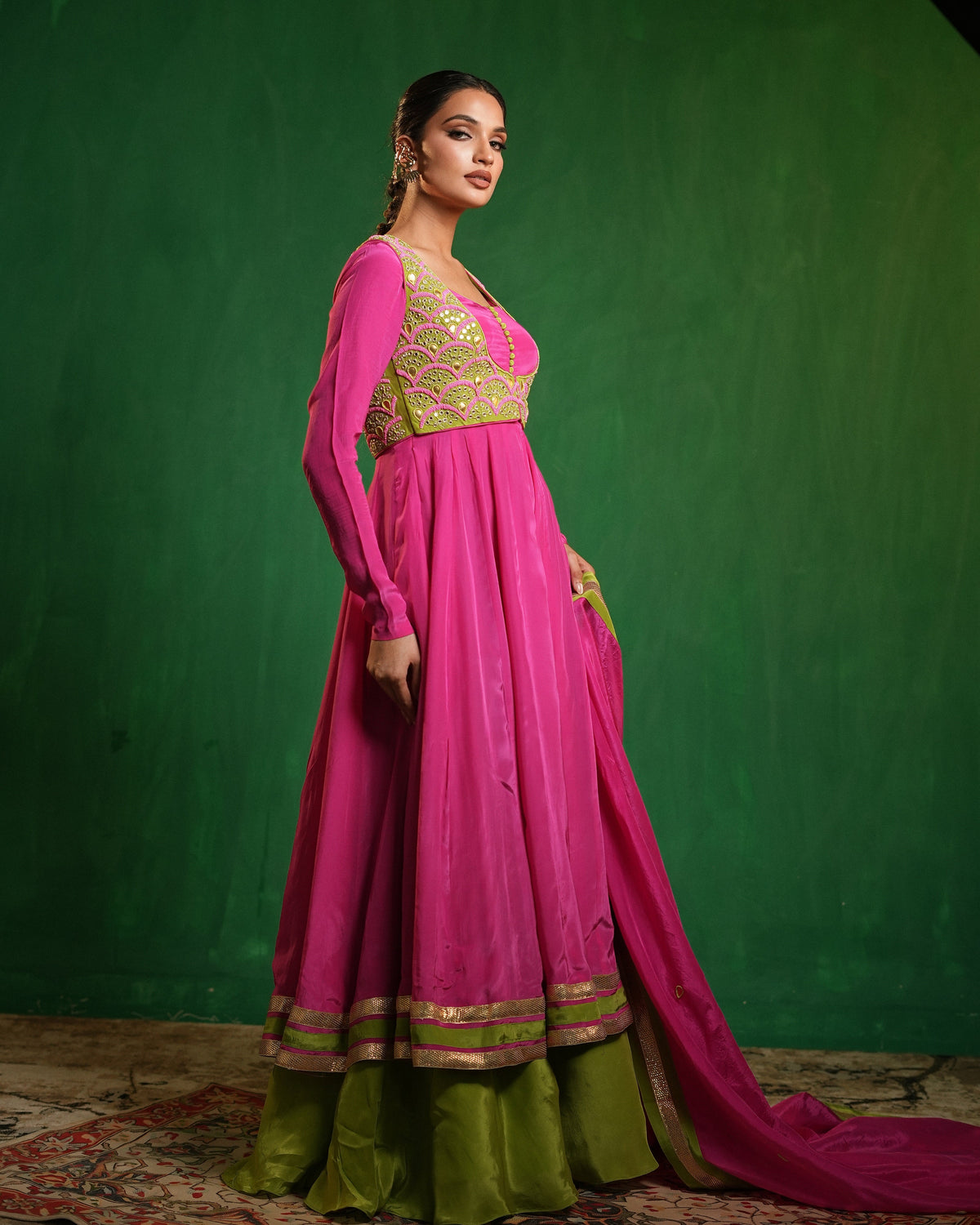 Fuschia Pink - Lime Green Heavy Anarkali Set (Set of 4)