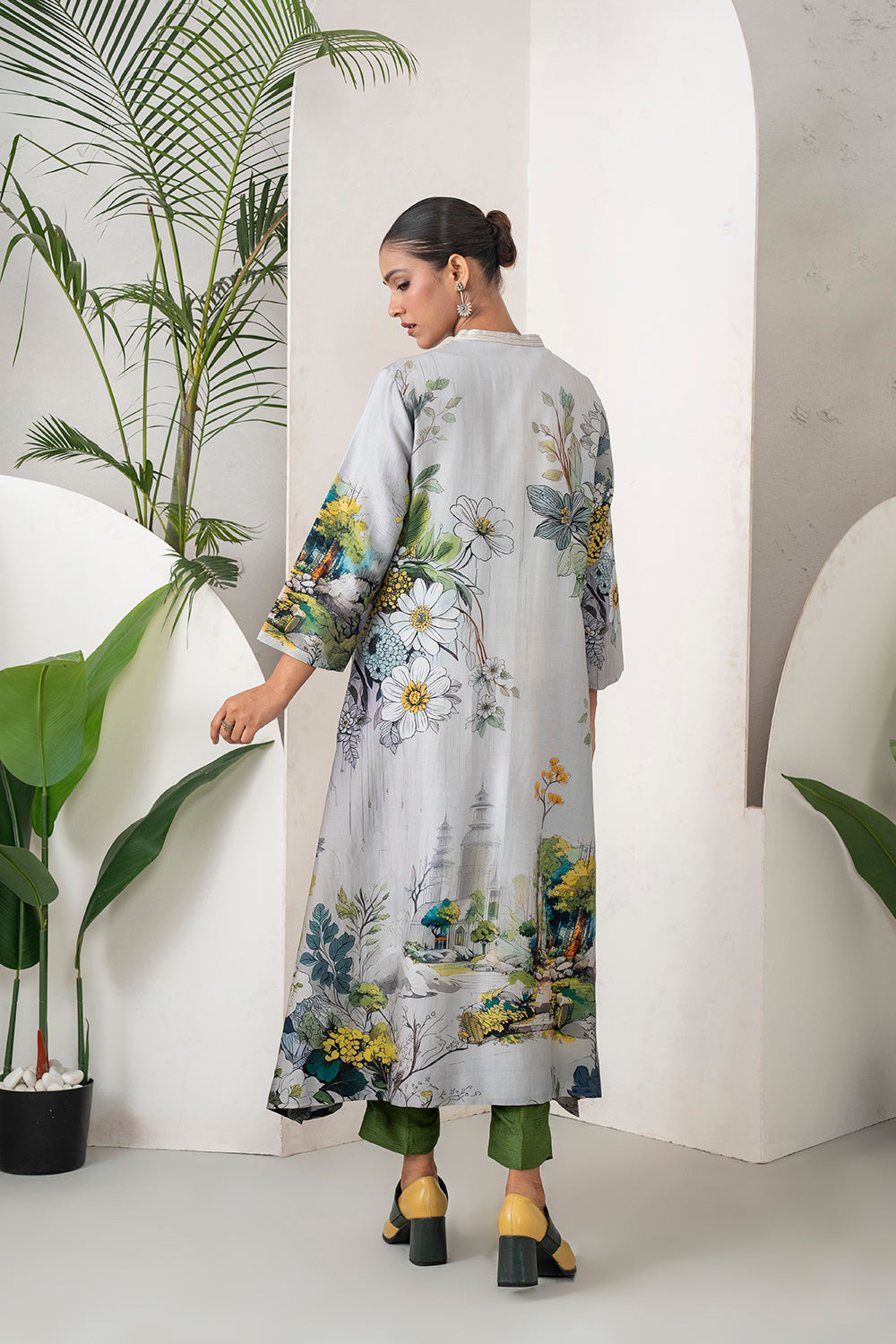 Grey Silk Chanderi Painterly Landscape Printed Tunic Set (2 PCS)