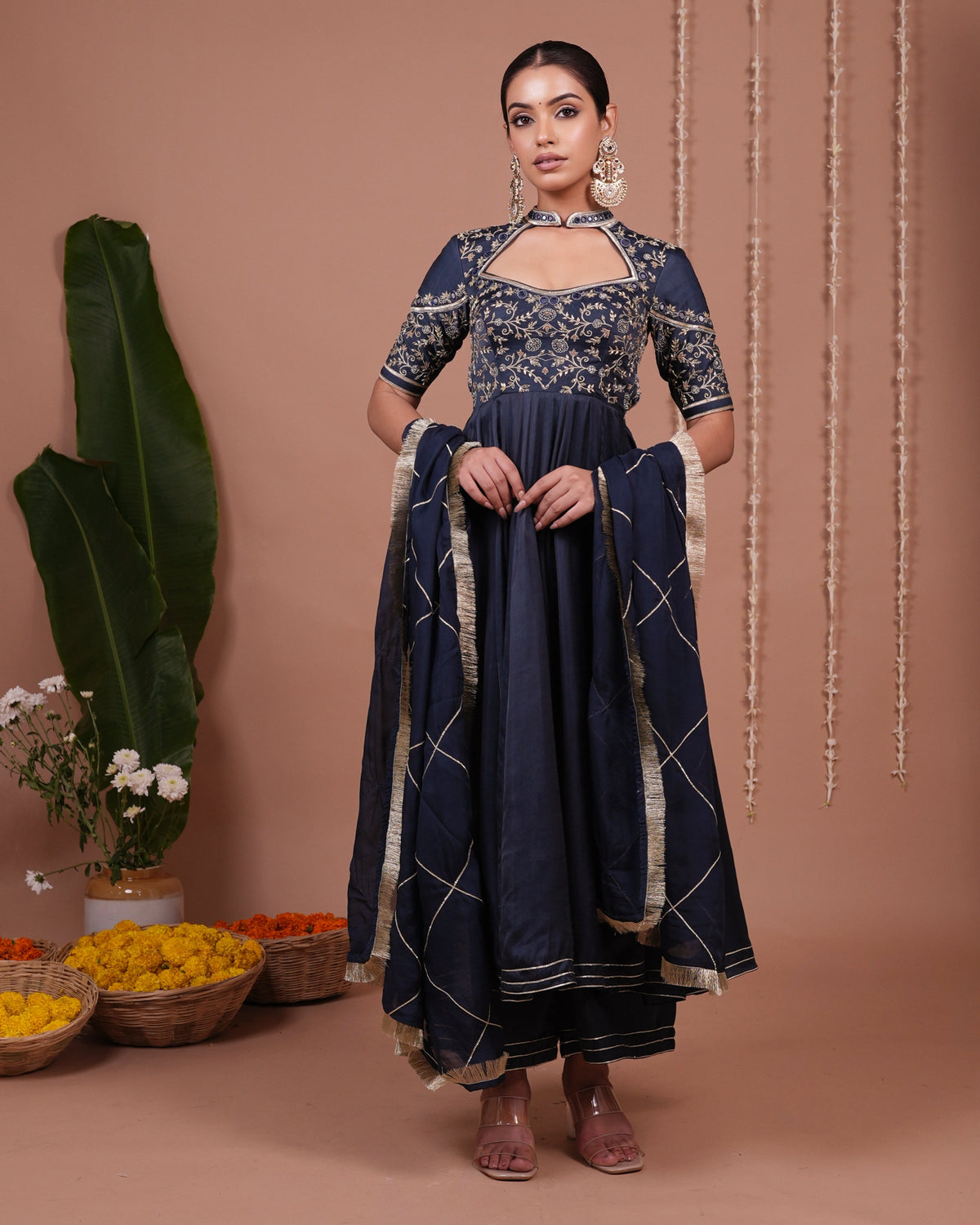 Navy Blue Silk Satin Heavy Anarkali Suit Set (Set of 3)