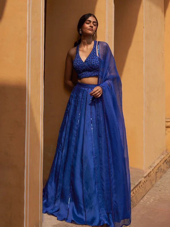Aster Blue Silk Organza Lehenga Set