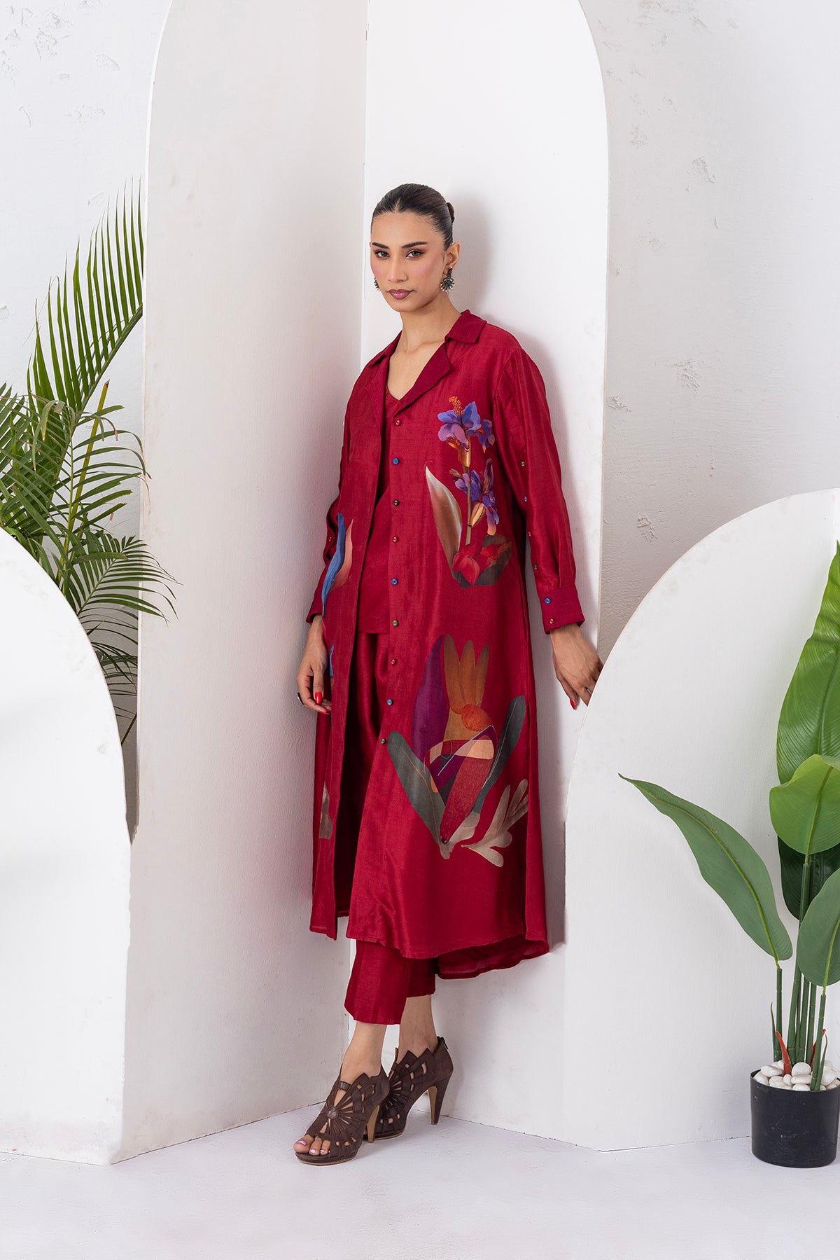 Red Viscose Dupion Printed Front Open Dress (1 PC)
