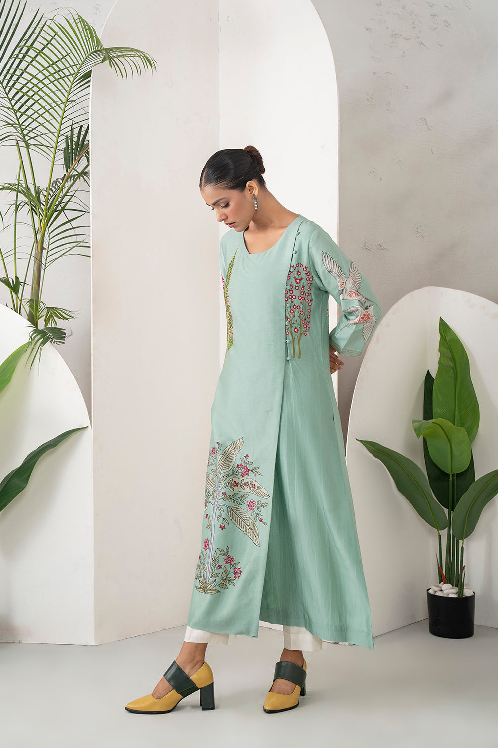 Mint Silk Chanderi Miniature Painting Inspired Printed Dress Set (2 PCS)
