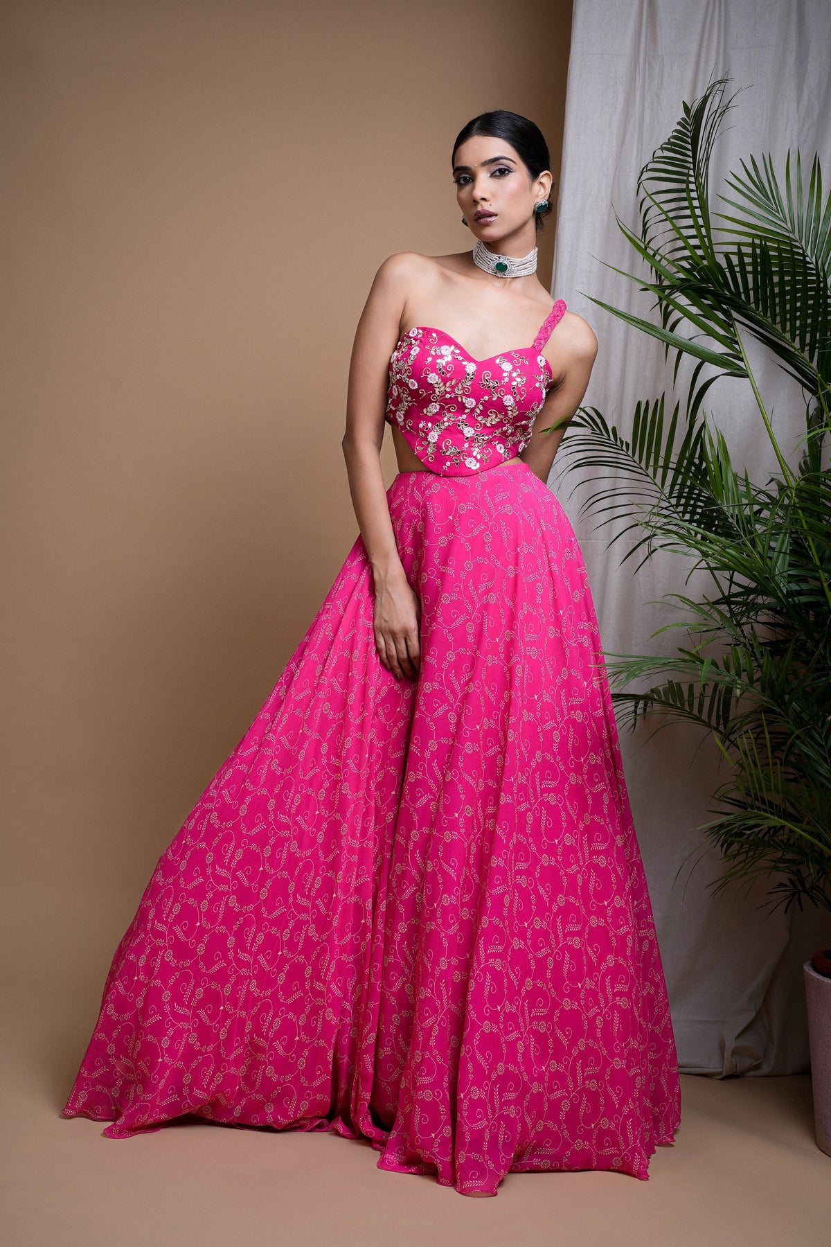 HOT PINK DIGITAL PRINT INDO LEHENGA SET   (SET OF 2)