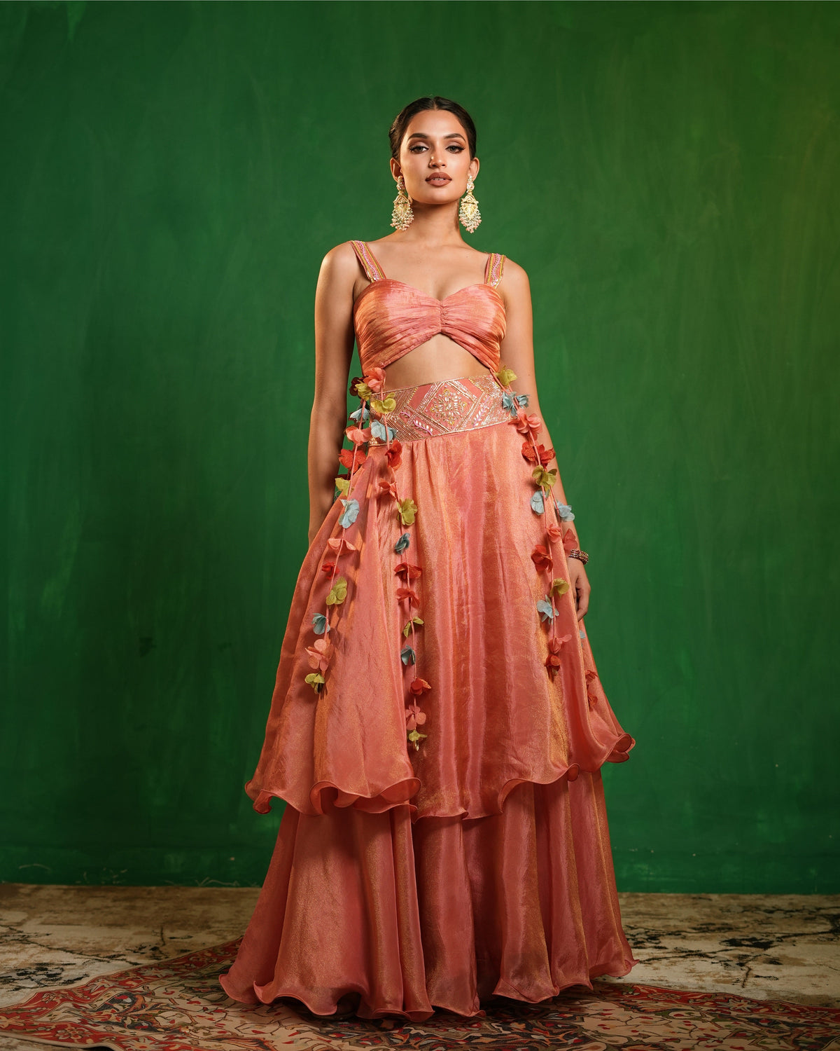 Peach Pink Tissue Layered Indo Skirt Set (Set of 2)