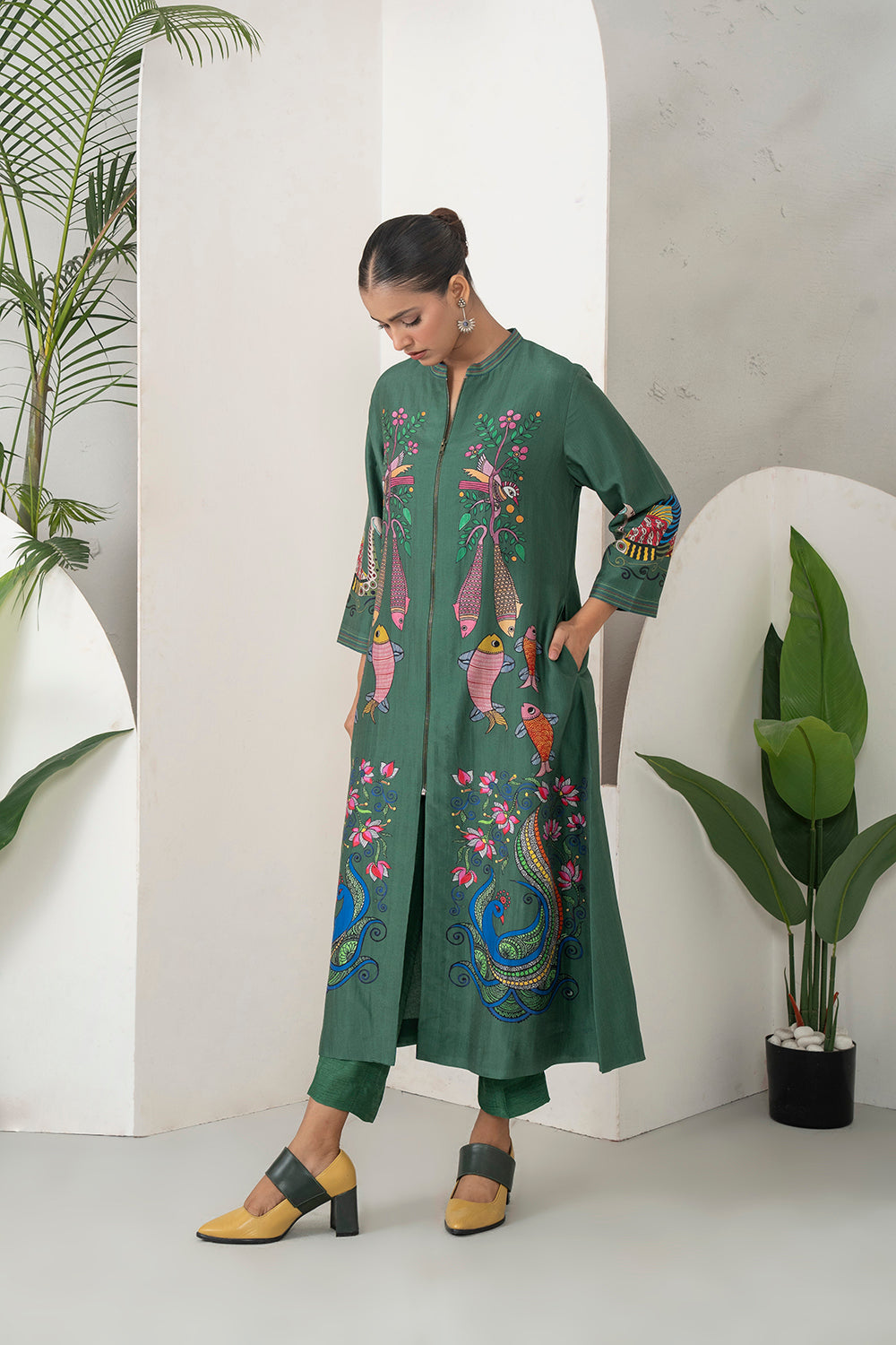 Emerald Silk Chanderi Peacocks And Fish Motifs Printed Dress Set (3 PCS)