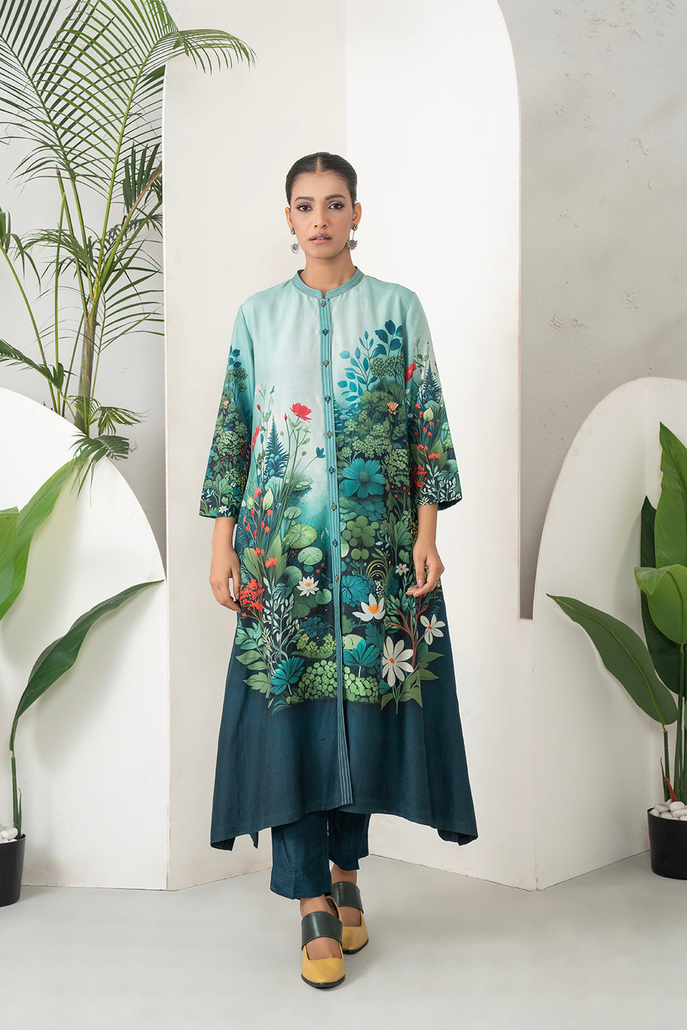 Blue Fades Gently From Mint To Midnight Silk Chanderi Hand-Painted Garden Printed Dress Set (3 PCS)
