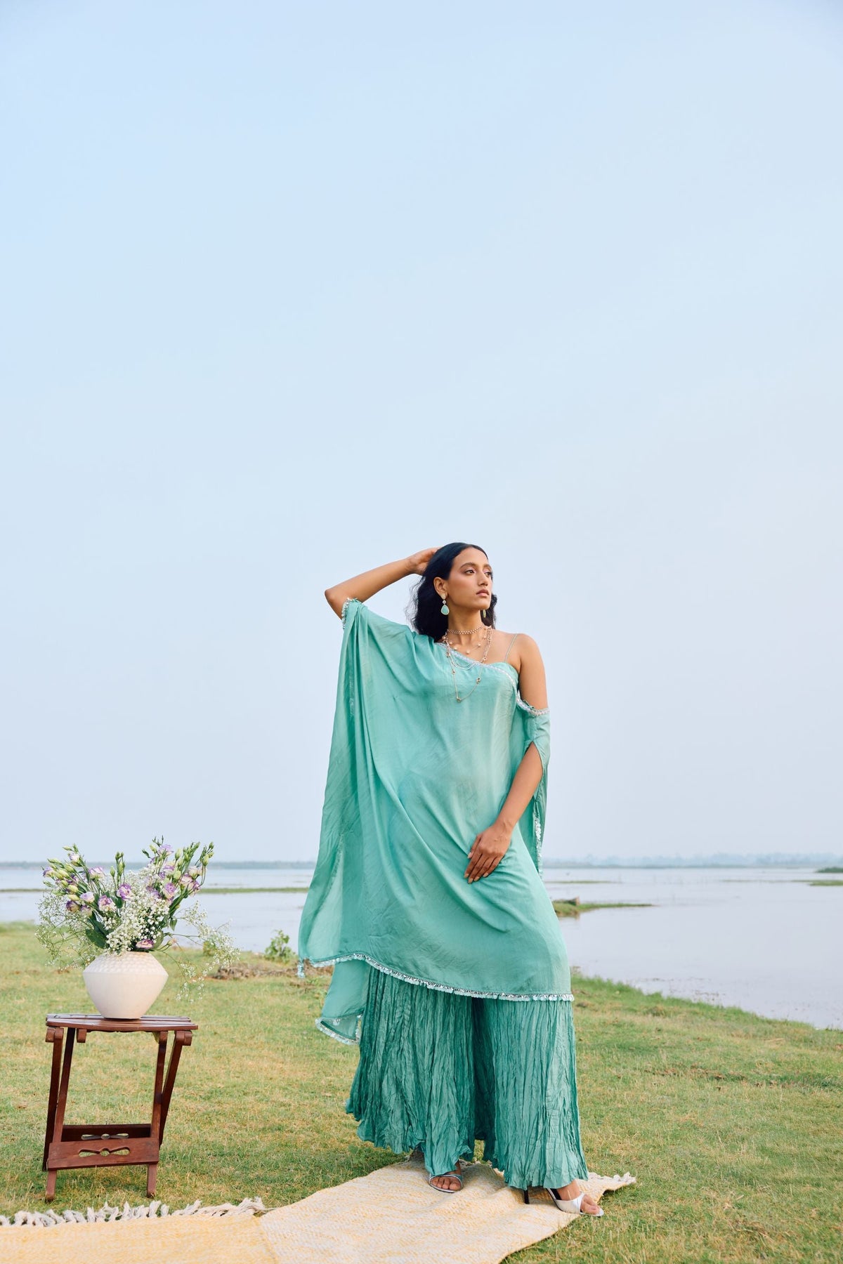 CAPE PAIRED WITH BLOUSE CRUSHED SHARARA SET