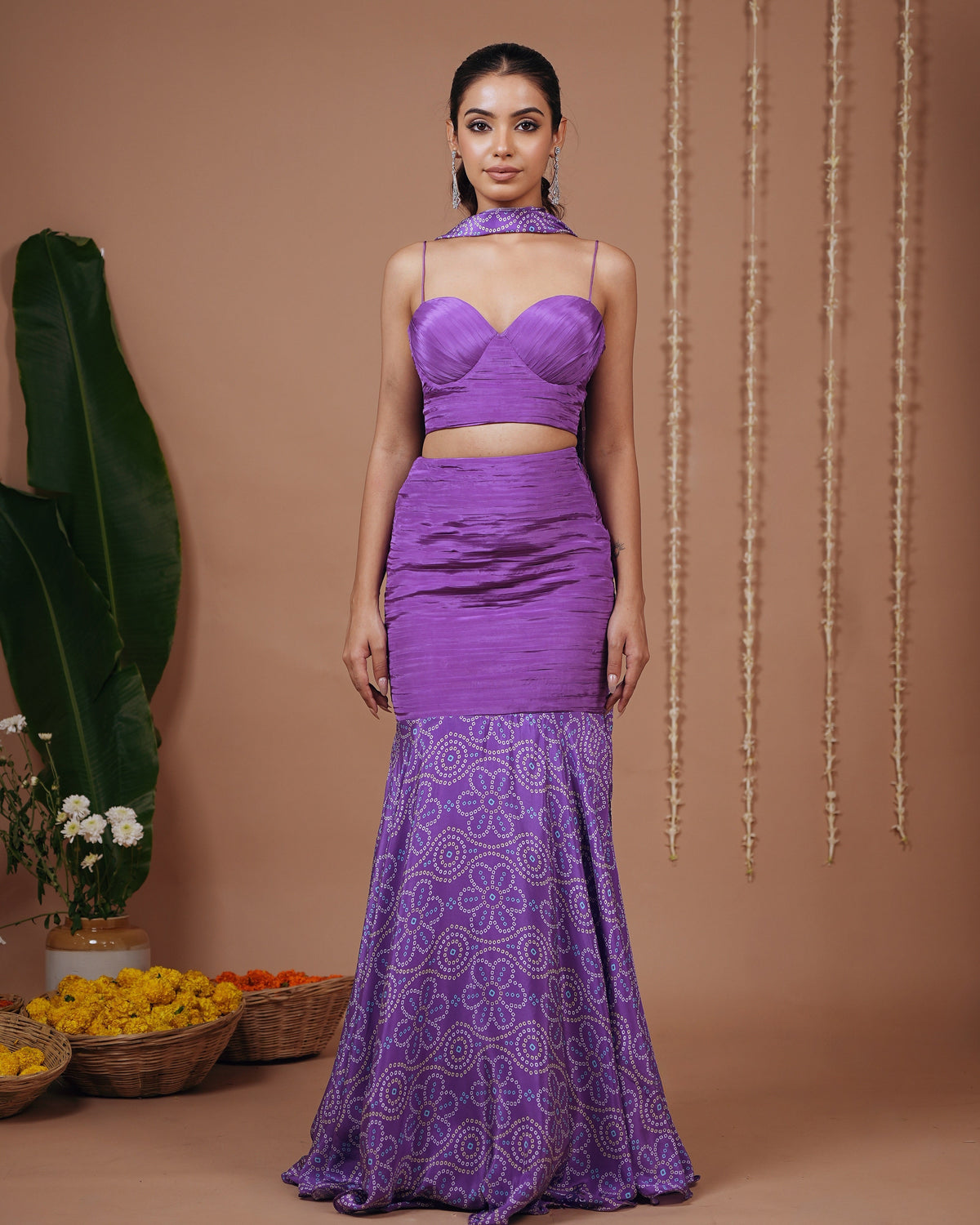 Purple Bandhani Corset Indo Skirt Set (Set of 3)