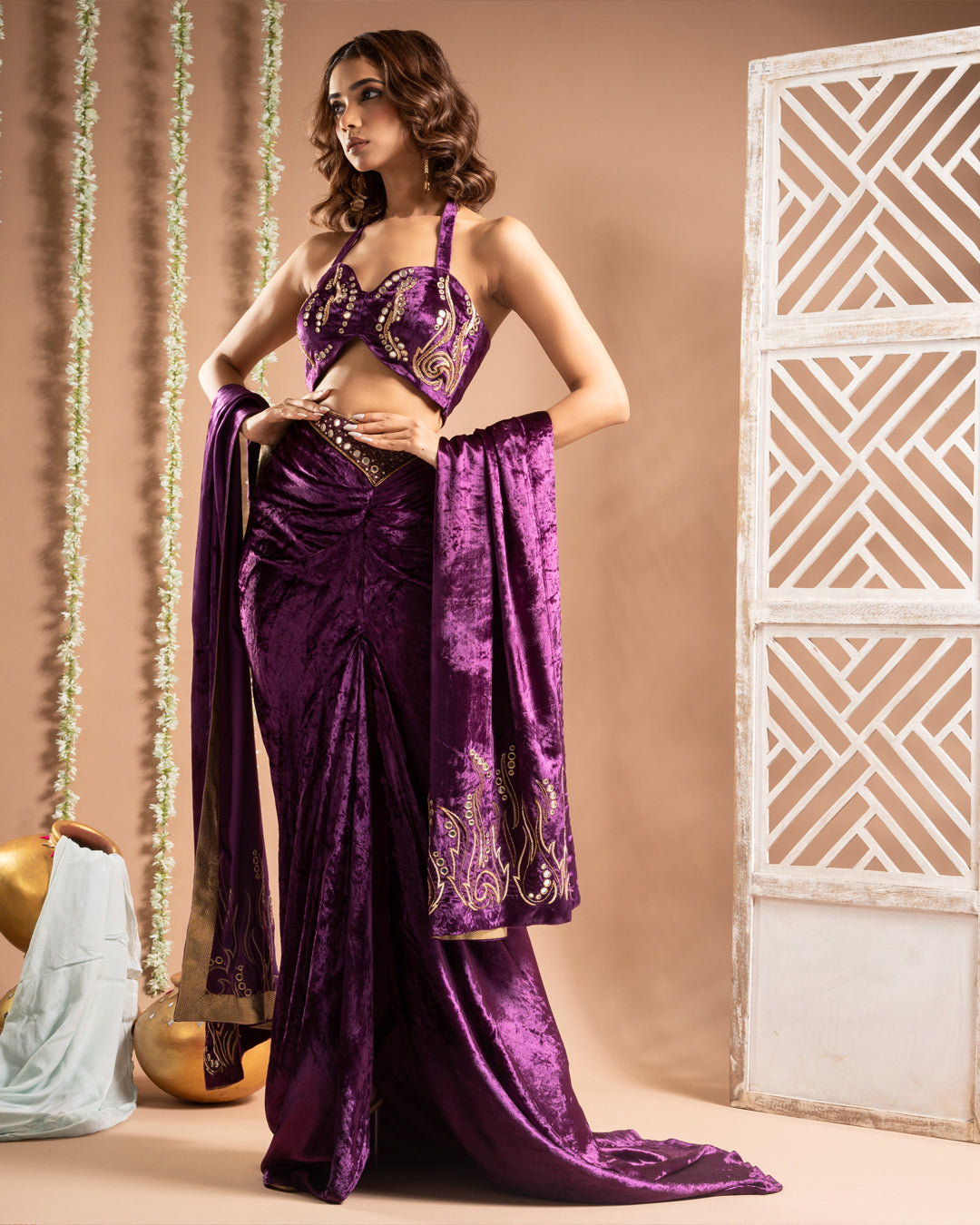 Purple Velvet Indo Drape Set  (Set of 3)