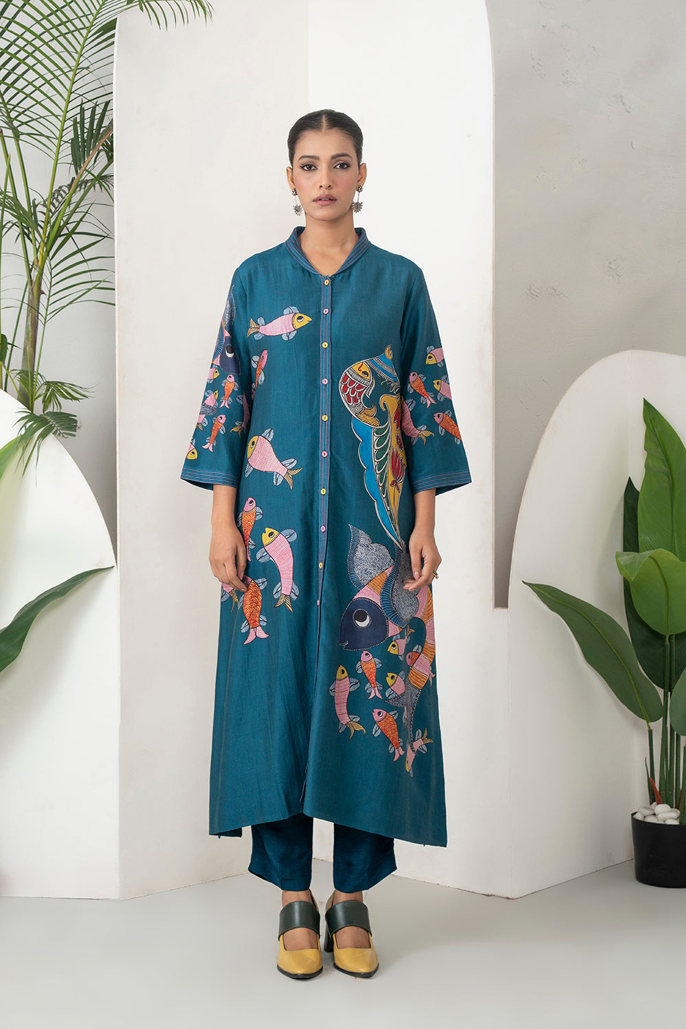 Indigo Silk Chanderi Playful Aquatic Motif Printed Dress Set (3 PCS)