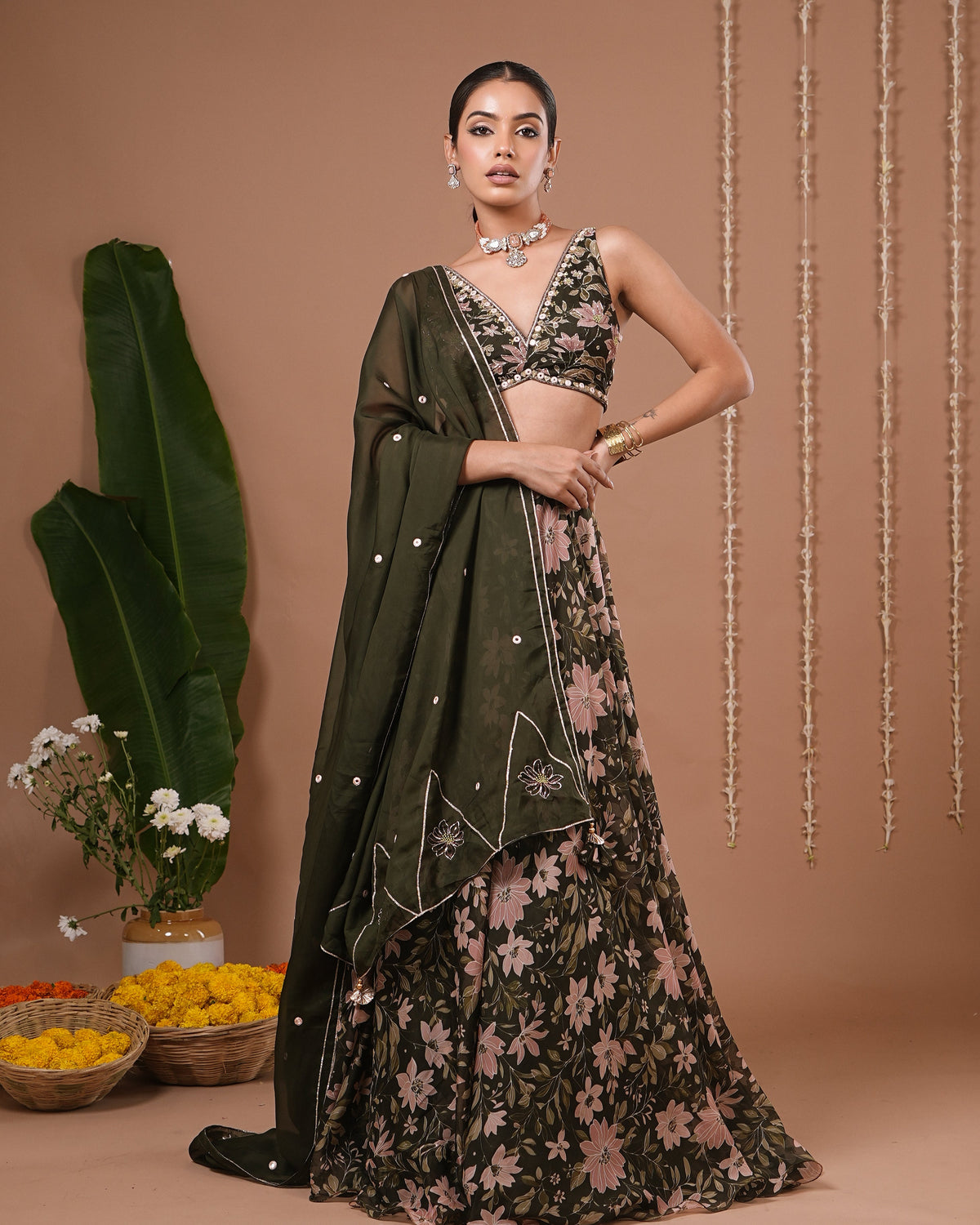 Olive Green Floral Printed Organza Lehenga Set (Set of 3)