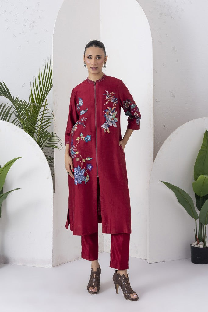 Maroon Silk Chanderi Floral Printed Front Open Dress (1 PC)