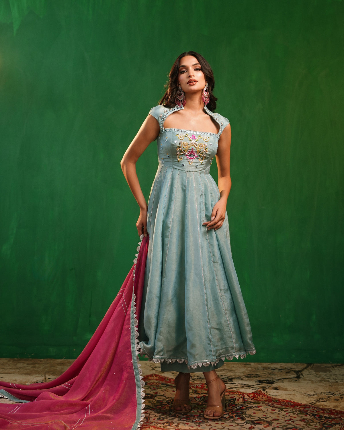 Aqua Blue Tissue Silk Heavy Anarkali Set  (Set of 3)