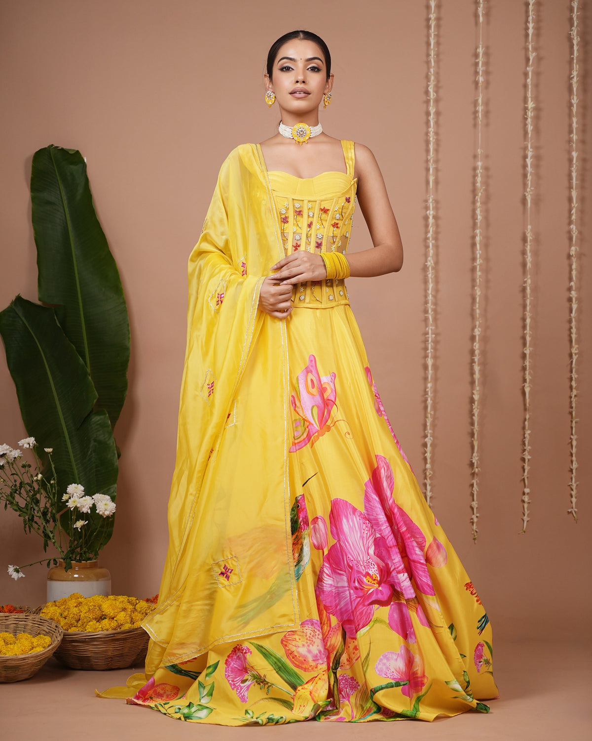 Mustard Floral Printed Corset Heavy Lehenga Set (Set of 3)