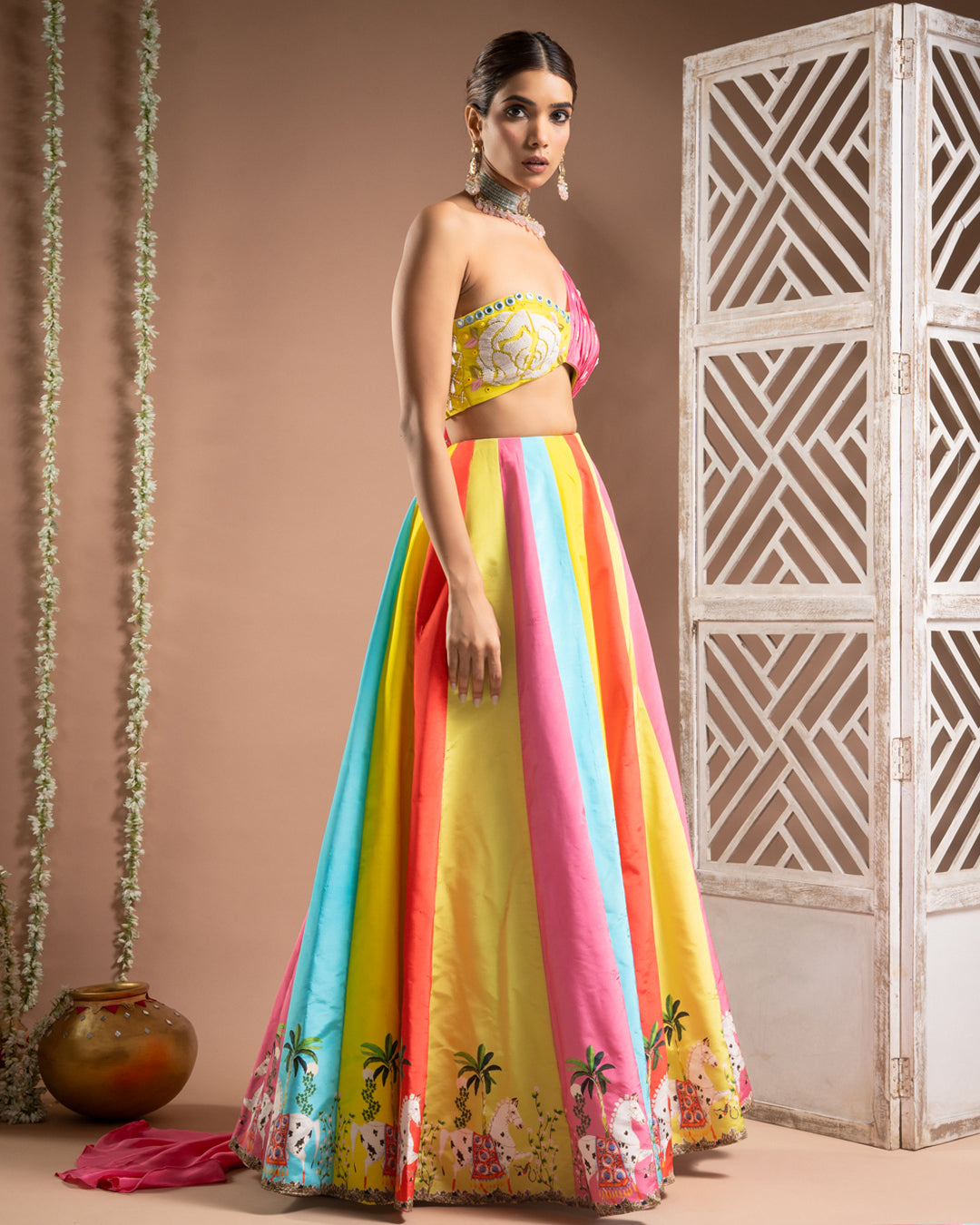 Horse Print One Shoulder Lehenga Set (Set of 2)